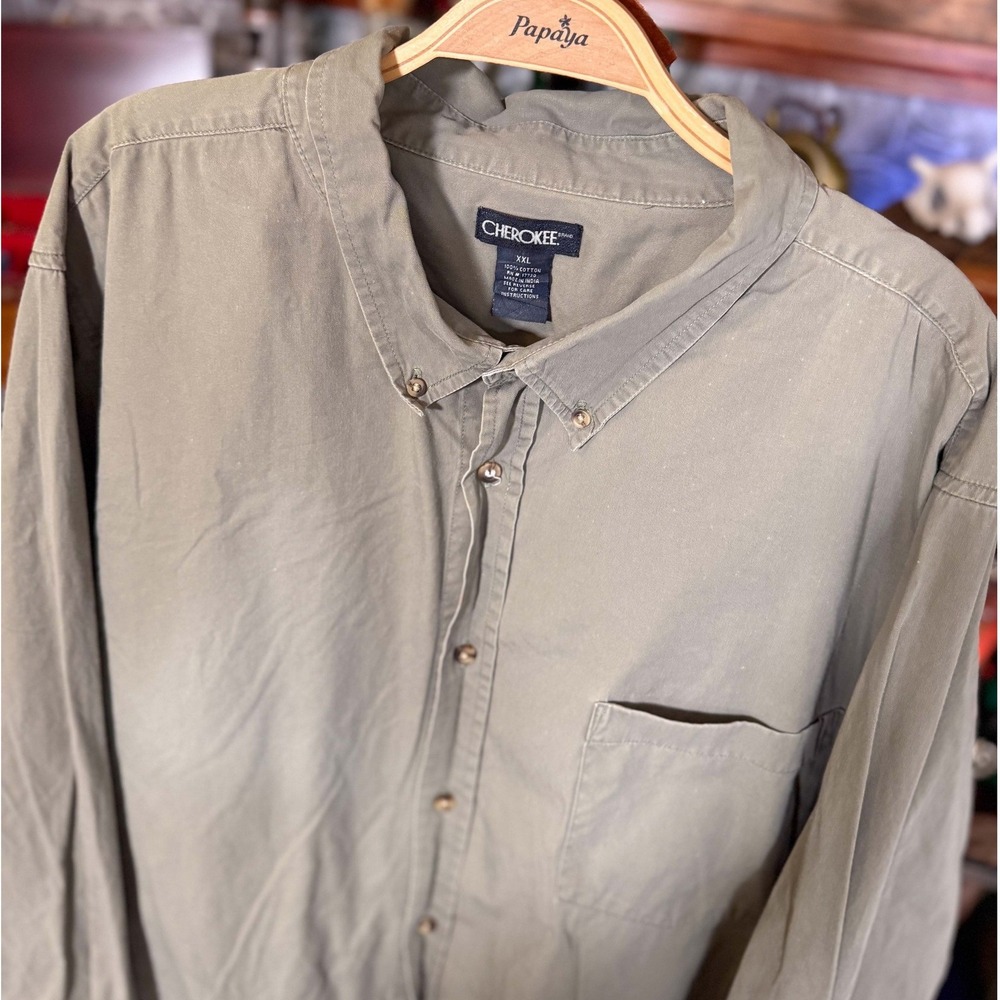 Cherokee Mens XXL Olive Green Long Sleeve Button Down Shirt Utility Workwear